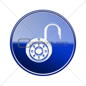 Lock on icon glossy blue, isolated on white background.