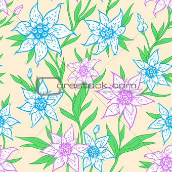 Pattern with blue flowers and leaves