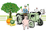 Farmer on Tractor with his animals