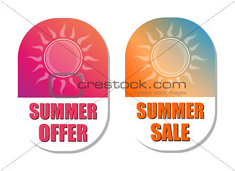 summer offer and sale with sun signs, flat design labels