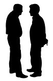 black silhouettes of two men standing and talking to each other
