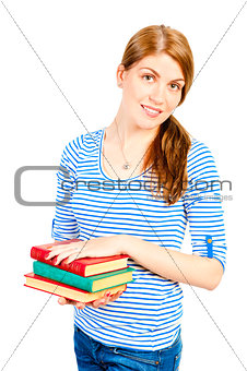 Smiling young female student with a stack of books