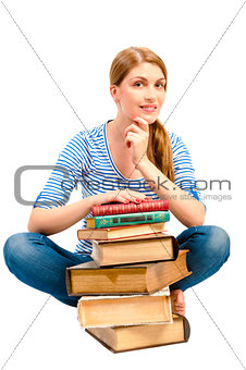 brunette with a stack of books to learn the subject