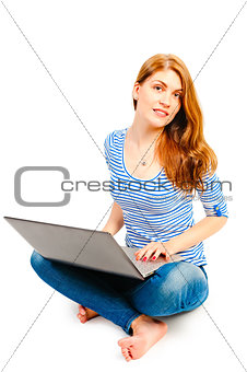 woman in striped blouse for laptop on a white background