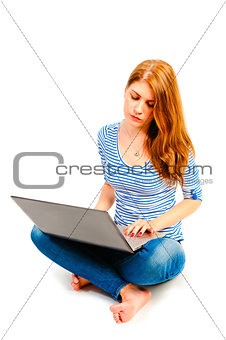 girl in lotus position sitting at the computer