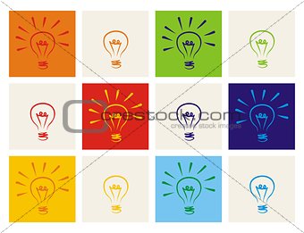 Light bulb vector icon set - hand drawn colorful doodle collection isolated on white