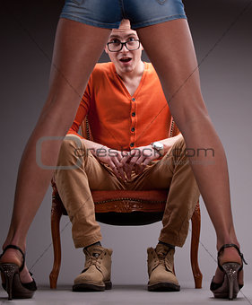 man amazed by sexy woman legs