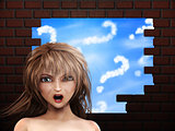 Angry girl at broken brick wall