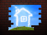 Cloud house in hole in brick wall