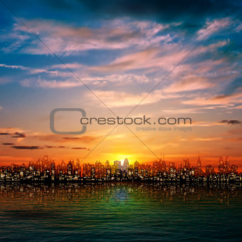 abstract nature background with panorama of city and sunset