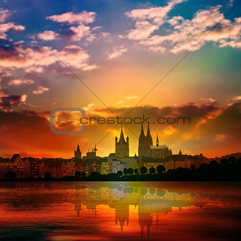 abstract background with silhouette of Cologne and sunset