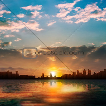abstract nature background with silhouette of London and sunrise