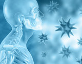 3D background with medical skeleton and virus cells