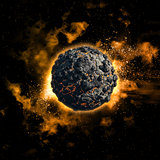 Space background with volcanic planet