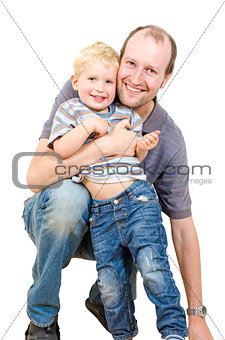 Happy father and son are playing isolated