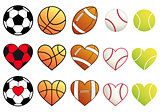 sport balls and hearts, vector set