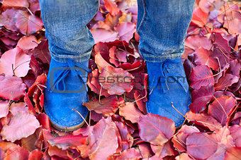 suede boots in autumn leaves