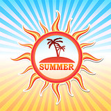 summer label with palms in sun and rays
