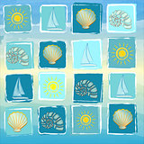 summer background with suns, boats, shells and conchs in squares