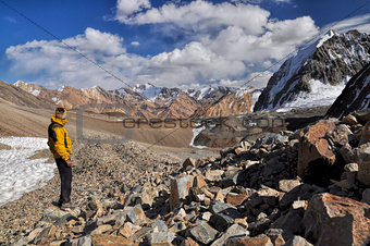 Hiker in Pamir mountains