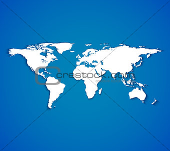 White world map with smooth shadows on blue background