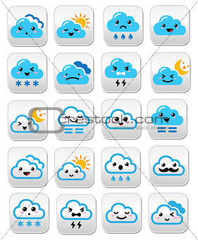 Cute cloud - Kawaii, Manga buttons with different expressions - happy, sad, angry