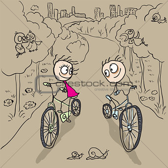 Loving couple man and woman on bicycles