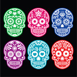 Mexican sugar skull, Dia de los Muertos colorful icons set on black