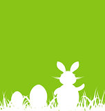 Cartoon green background with Easter rabbit and eggs