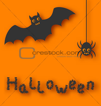 Cartoon bat and spider on orange background
