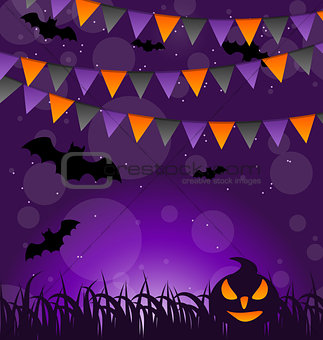 Halloween background with pumpkins and hanging flags