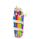 Colorful pencils with ribbon, on white background