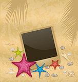 Vintage background with photo frame, starfishes, pebble stones, 