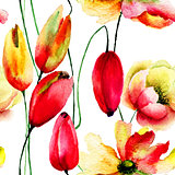 Watercolor illustration of Tulips an Gerbera flowers
