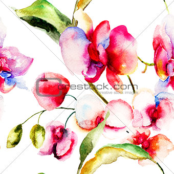 Seamless pattern with Pink orchids flowers