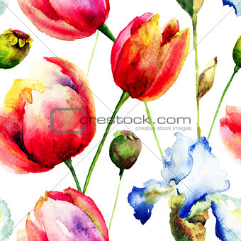 Seamless pattern with Iris and Tulips flowers