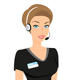 Female call centre operator with headset and smiling