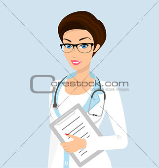 Vector illustration of smiling doctor with a folder in her left hand.
