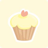 Sweet retro vector muffin lemon cupcake with cute pink heart on yellow background.