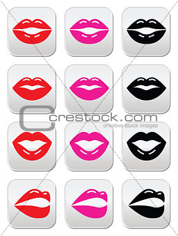 Lips, kiss red, pink and black glossy buttons