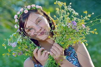 beautiful girl with Bouquet of Flowers