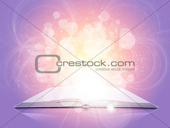 Old open book with magic light and falling stars