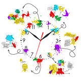 Clock face with colored business sketches