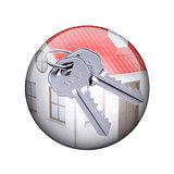 Two metal keys with house. Spherical glossy button