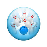 Bowling ball and skittles. Spherical glossy button