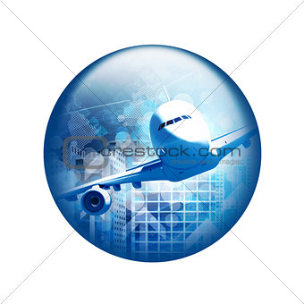 Airplane with skyscrapers. Spherical glossy button