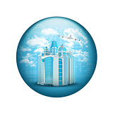Skyscrapers with airplane. Spherical glossy button