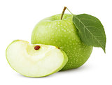 Green apple with leaf and slice isolated on a white