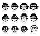 Thief man and woman faces in masks icons set