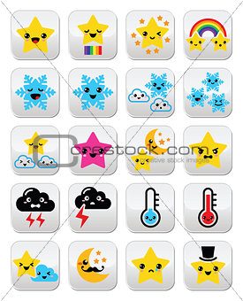 Cute weather kawaii buttons, star, rainbow, moon, snowflake, thunder and cloud